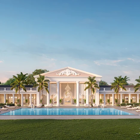 Lodha Azur, Bannerghatta Road Swimming pool in front of a colonnaded clubhouse, Lodha Azur