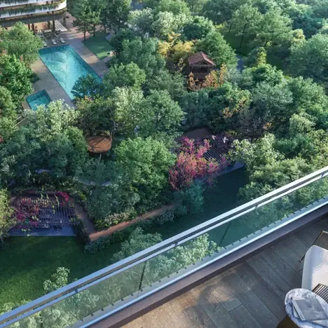 Lodha Haven, Hosa Road Landscaped gardens and a pool seen from a balcony, Lodha Haven